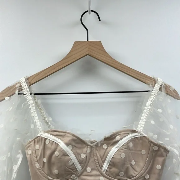 Hello Molly Sunset Polka Dot Mesh Sweetheart Corset Crop Top Preppy Beige 4 - Picture 5 of 12